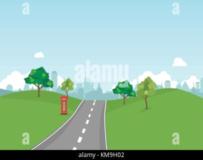 Straße in öffentlichen Park mit Natur Landschaft und Gebäude Hintergrund Vector Illustration. main street scene Vektor. Weg zu Stadt und Natur um. Stock Vektor