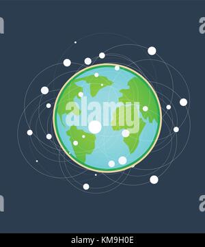 Flache Erde und der Kommunikation auf der Oberfläche der Erde Symbol für hohe Geschwindigkeit und Technologie Vector Illustration. globale Dimensionen der Erde Technologie Konzept. Welt Stock Vektor