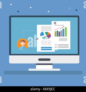 Flachbild Computer mit persönlichen Angaben und statische Vektor. Office Computer mit Informationen auf dem Bildschirm und funkeln auf Hintergrund Stock Vektor