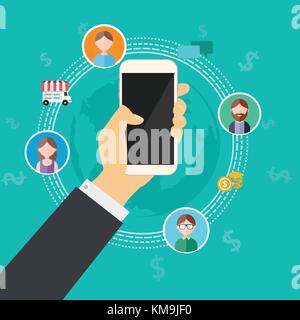 Die Verbindung mit dem Mobiltelefon Vector Illustration. business Hand Phone mit Geld Welt anschließen people.communication Geld online ein Stock Vektor
