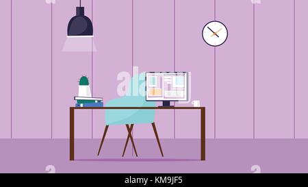 Arbeitsbereich mit Schreibtisch und Computer. süßes Zimmer zum Arbeiten. Vector Illustration. Stock Vektor