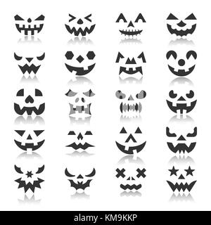 Halloween Gesicht Icon Set. Kürbis schwarze Silhouette mit Reflexion. Monochrome flache Design symbol Collection. Einfache grafische Piktogramm pack. Web, Baner Stock Vektor