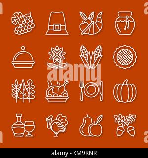 Thanksgiving Day dünne Linie Icon Set. Vector Linear symbol Pack. Umrisse Zeichen ohne füllen. Einfache Piktogramm Graphische Sammlung. Logo, Web Design, Info Stock Vektor