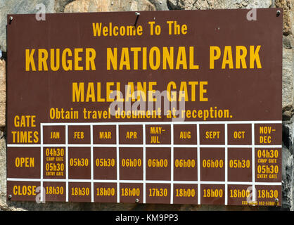Krüger-Nationalpark, Info-Tafel am Eingang Malelane gate Stockfoto