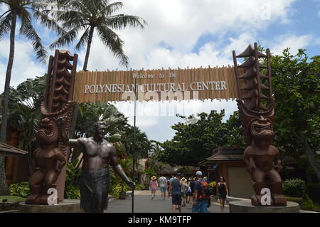 Eingang zum Polynesian Cultural Center. Oahu, Hawaii, USA, EEUU. Stockfoto