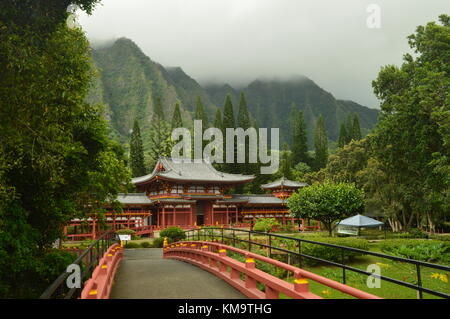 Eingang Brücke buddhistischen Tempel Byodo-In. Oahu, Hawaii, USA, EEUU. Stockfoto