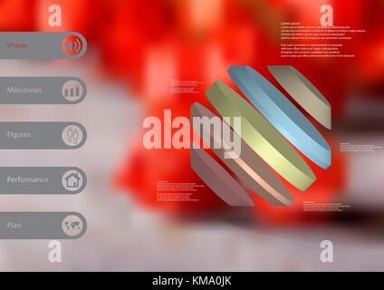 3D-Illustration Infografik Vorlage mit dem Motiv des gedreht Octagon zu fünf Farbe Teile schief mit einfachen Zeichen und Mustertext auf Seite angeordneten unterteilt Stock Vektor