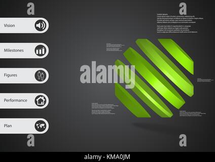 3D-Illustration Infografik Vorlage mit dem Motiv des gedreht Octagon zu Fünf grüne Teile unterteilt schief mit einfachen Zeichen und Mustertext auf Seite angeordnet Stock Vektor