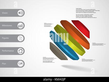 3D-Illustration Infografik Vorlage mit dem Motiv des gedreht Octagon zu fünf Farbe Teile schief mit einfachen Zeichen und Mustertext auf Seite angeordneten unterteilt Stock Vektor