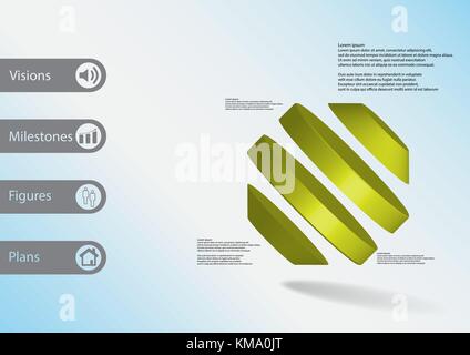 3D-Illustration Infografik Vorlage mit dem Motiv des gedreht Octagon zu vier grünen Teile schief mit einfachen Zeichen und Mustertext auf Seite angeordneten unterteilt Stock Vektor