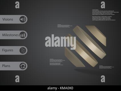 3D-Illustration Infografik Vorlage mit dem Motiv des gedreht Octagon zu vier braunen Teile schief mit einfachen Zeichen und Mustertext auf Seite angeordneten unterteilt Stock Vektor