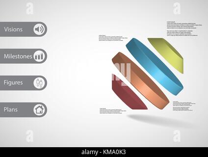 3D-Illustration Infografik Vorlage mit dem Motiv des gedreht Octagon zu vier Farbe Teile schief mit einfachen Zeichen und Mustertext auf Seite angeordneten unterteilt Stock Vektor