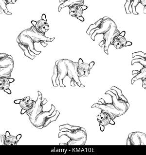 Nahtlose Muster von Hand gezeichnete Skizze stil Bulldoggen. Vector Illustration auf weißem Hintergrund. Stock Vektor