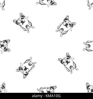 Nahtlose Muster von Hand gezeichnete Skizze stil Bulldoggen. Vector Illustration auf weißem Hintergrund. Stock Vektor