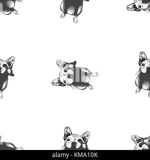 Nahtlose Muster von Hand gezeichnete Skizze stil Bulldoggen. Vector Illustration auf weißem Hintergrund. Stock Vektor