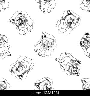 Nahtlose Muster von Hand gezeichnete Skizze stil Bulldoggen. Vector Illustration auf weißem Hintergrund. Stock Vektor