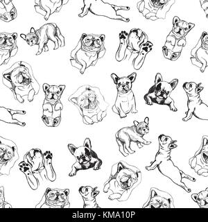 Nahtlose Muster von Hand gezeichnete Skizze stil Bulldoggen. Vector Illustration auf weißem Hintergrund. Stock Vektor