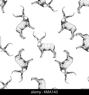 Nahtlose Muster von Hand gezeichnete Skizze stil Hirsche. Vector Illustration auf weißem Hintergrund. Stock Vektor