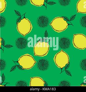 Nahtlose Muster von Hand gezeichnete Skizze stil Zitronen - Ganze mit Blatt und Slice. isolierte Vector Illustration. Stock Vektor
