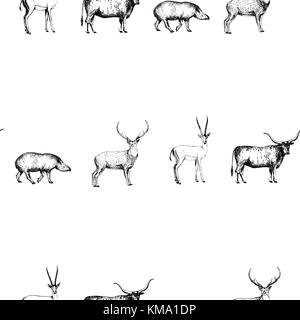 Nahtlose Muster von Hand gezeichnete Skizze Stil Tiere. Vector Illustration auf weißem Hintergrund. Stock Vektor