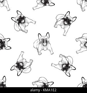 Nahtlose Muster von Hand gezeichnete Skizze stil Bulldoggen. Vector Illustration auf weißem Hintergrund. Stock Vektor