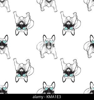 Nahtlose Muster von Hand gezeichnete Skizze stil Bulldoggen. Vector Illustration auf weißem Hintergrund. Stock Vektor