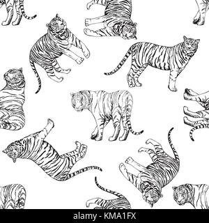 Nahtlose Muster von Hand gezeichnete Skizze stil Tiger. Vector Illustration auf weißem Hintergrund. Stock Vektor