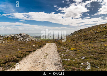 Blick von Holyhead Wellenbrecher Country Park nach Holyhead, von der Insel Anglesey, Wales, Großbritannien Stockfoto