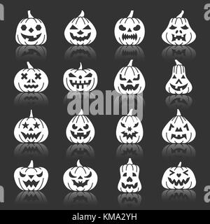 Carving Gesicht Halloween Kürbis weiße Silhouette mit Reflexion Icon Set. Monochrome flache Design Vector illustration symbol Collection. Einfache grafische Stock Vektor