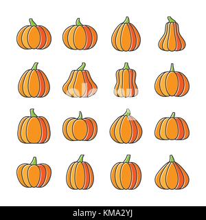Halloween Pumpkin Icon Set. Flaches Design Symbol Leitung mit Vertriebenen füllen. Web, Infografik, Drucken, Karte, Büro, Geschäft Stil, Aufkleber, Abzeichen Farbe con Stock Vektor
