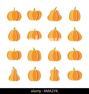 Bunte Halloween Pumpkin Icon Set. Flaches Design symbol Collection. Farbkonzept für Web, Infografik, Drucken, Karte, Büro, Banner, Poster, Karte, Fliegen Stock Vektor