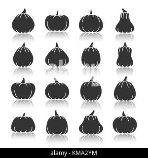 Halloween Kürbis schwarze Silhouette mit Reflexion Icon Set. Monochrome flache Design Vector illustration symbol Collection. Einfache grafische Symbol pa Stock Vektor