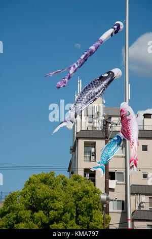 Vier Fahnen von Fischen, blau, rot, grau und mauve, die von hohen Polen gegen blauen Himmel vor dem Wohngebäude fliegen, mit Telefonleitungen auf einem Pol Stockfoto