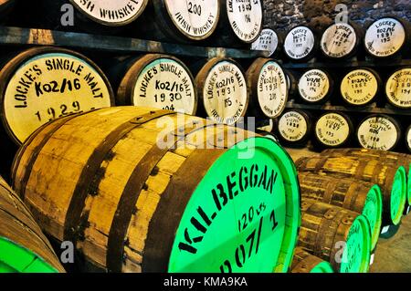 Irischer Whiskey reift in Fässern im Lager von Lockes Distillery in der Stadt Kilbeggan, Westmeath, Irland. Stockfoto