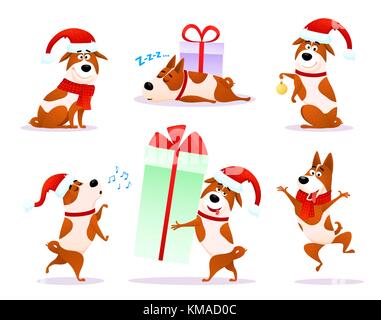 Weihnachten cartoon Hund Emoticons. Xmas puppy emoji. Stock Vektor