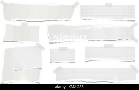 Rip gefüttert und leerer Hinweis, notebook Papierstreifen für Text oder Nachricht mit Klebeband geklebt auf weißem Hintergrund Stock Vektor