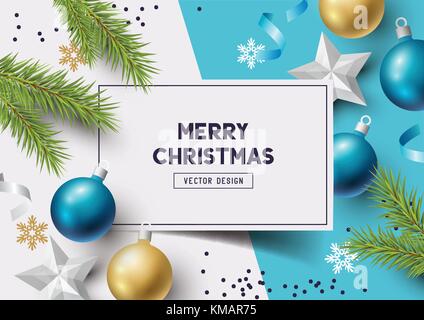 Weihnachten Komposition mit Tannenzweigen, Christbaumkugeln und Schneeflocken auf einem bunten Abstrakt Hintergrund. Ansicht von oben Vector Illustration. Stock Vektor