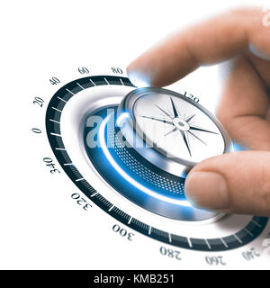 Hand drehen einen Kompass Knopf, um die 360°-Position. Werbung oder Marketing Konzept. Composite zwischen Fotografie und 3D-Hintergrund. Stockfoto