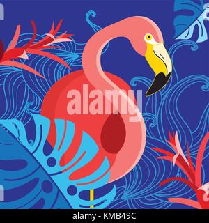 Tropische Abbildung mit einem Porträt von einem roten flamingo auf einem blauen Hintergrund Stock Vektor