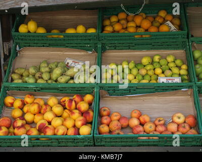 Früchte, die in Kästen auf dem Markt stehen Stockfoto