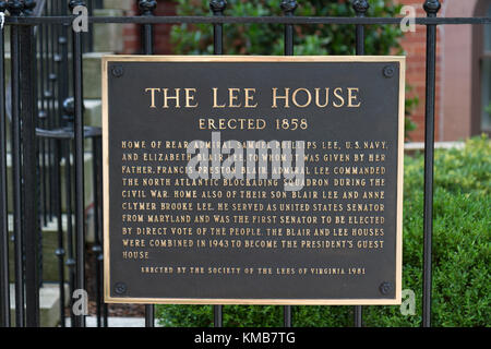 Plakette außerhalb des Lee House, Teil des President's Guest House, Pennsylvania Aveune, Washington DC, USA. Stockfoto