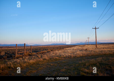 Holz- Säulen der Stromleitung in der Landschaft Landschaft mit verdorrten Gras und die Berge in der Ferne am Horizont Stockfoto