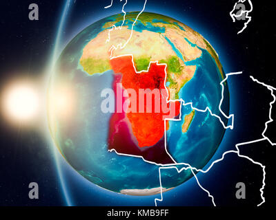 Abbildung: Angola als aus der Umlaufbahn der Erde bei Sonnenuntergang mit sichtbaren Grenzen gesehen. 3D-Darstellung. Elemente dieses Bild durch NAS eingerichtet Stockfoto