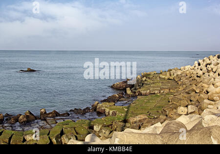 Küste Schutz durch die Wand, mit riesigen konkrete Bausteine und Tetrapods, verhindern Erosion von Land zu Meer Anjuna Beach in Goa, Indien Stockfoto