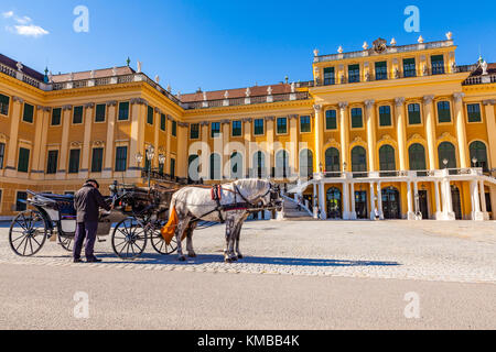 Wien, Österreich - 9. August 2011 : Pferdekutsche und Kutscher vor dem Schloss Schönbrunn in Wien, Österreich Stockfoto