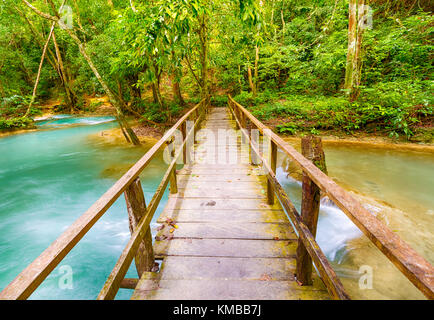 Brücke auf dem Weg zum tat sae Wasserfall. wunderschöne Landschaft. Luang Prabang. Laos. Stockfoto