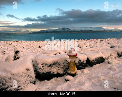 Land aus Feuer und Eis: ein Hydrant in Reykjavik über den Schnee auf der Suche abgedeckt Bay, Island Stockfoto