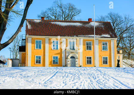 Solvesborg, Schweden - 14. Februar 2017: Dokumentarfilm von solvesborg Schloss im Winter als vom Westen aus gesehen. Stockfoto