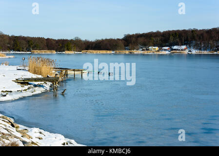 Küsten Winterlandschaft mit gefrorenen Meer Eis und Schnee auf dem Boden. kleinen Pier und Marina auf der linken Seite. private Wohnungen im Hintergrund. Ort Töreboda Stockfoto