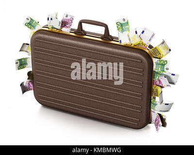 Euro Stapel im Aktenkoffer auf weißem Hintergrund. 3D-Darstellung. Stockfoto